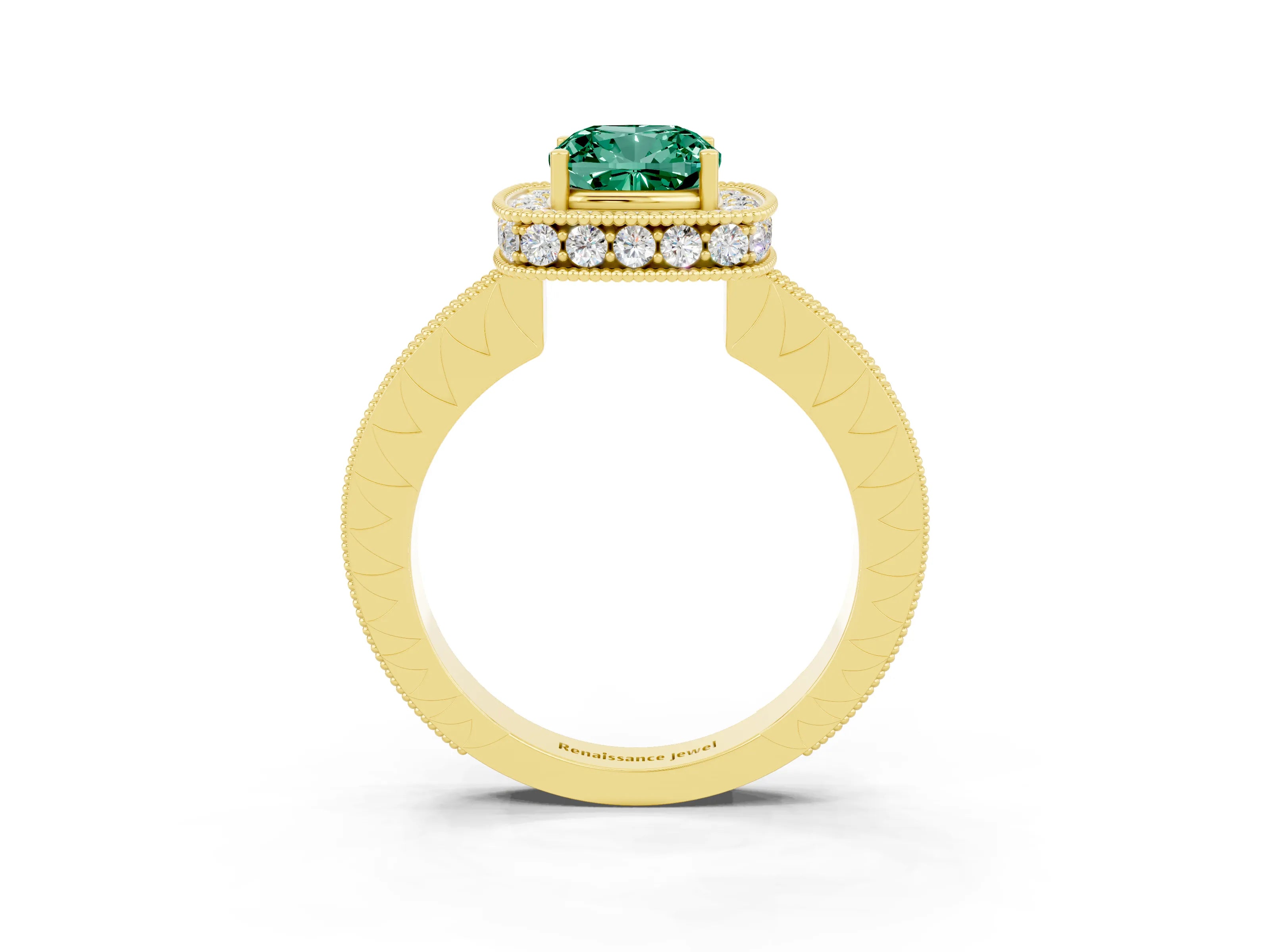 Yellow gold Cushion Cut Halo Diamond Engagement Ring with Milgrain Pave Band and Four-Prong Setting_3