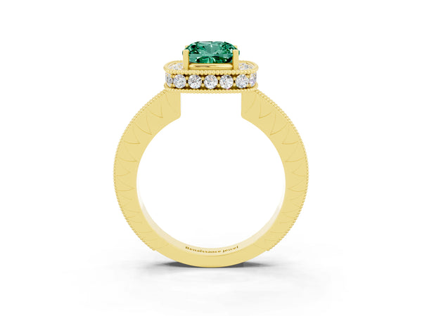 Yellow gold Cushion Cut Halo Diamond Engagement Ring with Milgrain Pave Band and Four-Prong Setting