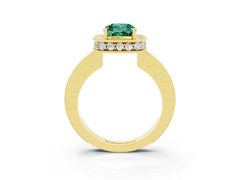 Yellow gold Cushion Cut Halo Diamond Engagement Ring with Milgrain Pave Band and Four-Prong Setting_3