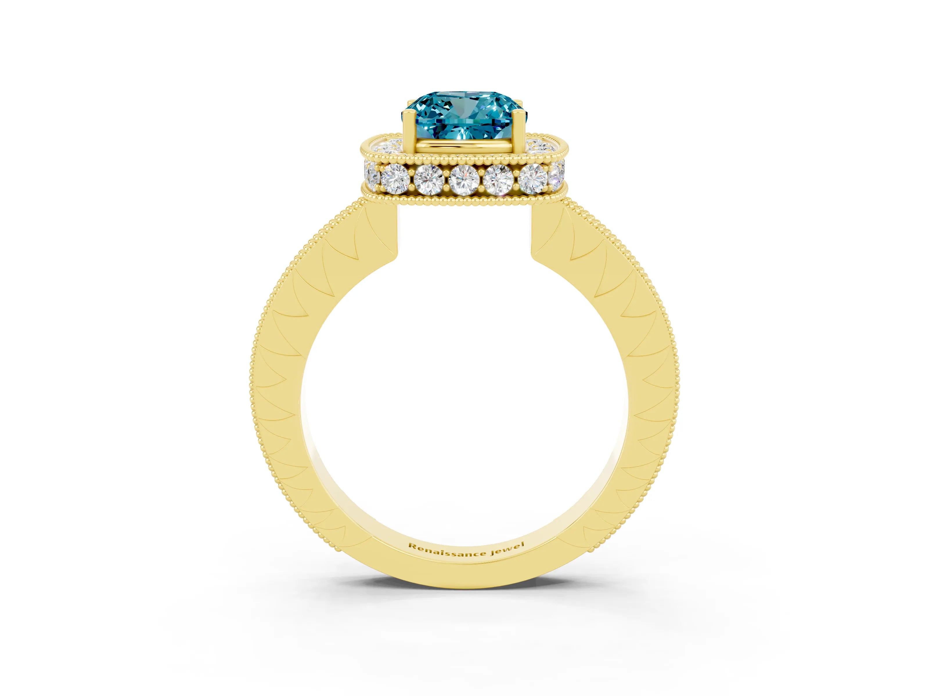 Yellow gold Cushion Cut Halo Diamond Engagement Ring with Milgrain Pave Band and Four-Prong Setting_3