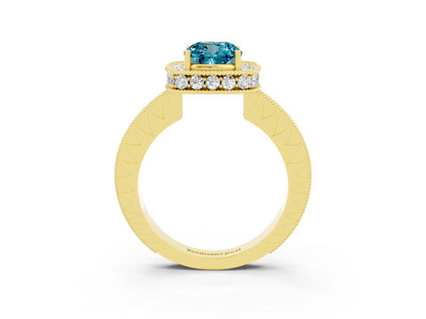 Yellow gold Cushion Cut Halo Diamond Engagement Ring with Milgrain Pave Band and Four-Prong Setting_3
