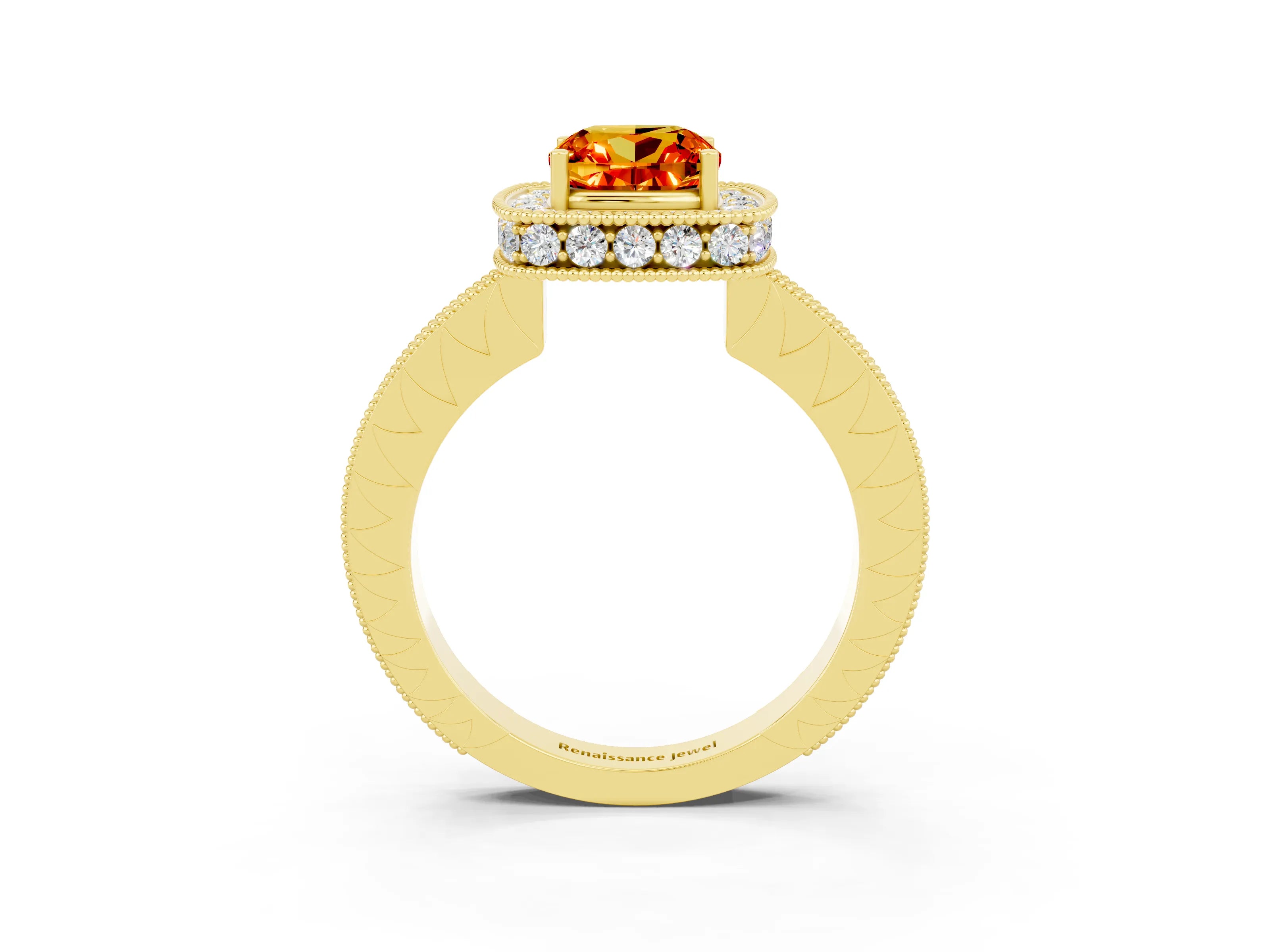 Yellow gold Cushion Cut Halo Diamond Engagement Ring with Milgrain Pave Band and Four-Prong Setting_3