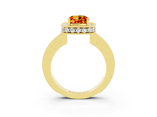 Yellow gold Cushion Cut Halo Diamond Engagement Ring with Milgrain Pave Band and Four-Prong Setting