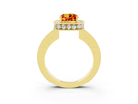 Yellow gold Cushion Cut Halo Diamond Engagement Ring with Milgrain Pave Band and Four-Prong Setting_3