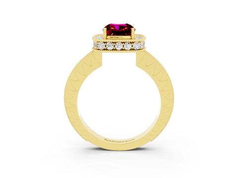 Yellow gold Cushion Cut Halo Diamond Engagement Ring with Milgrain Pave Band and Four-Prong Setting_3