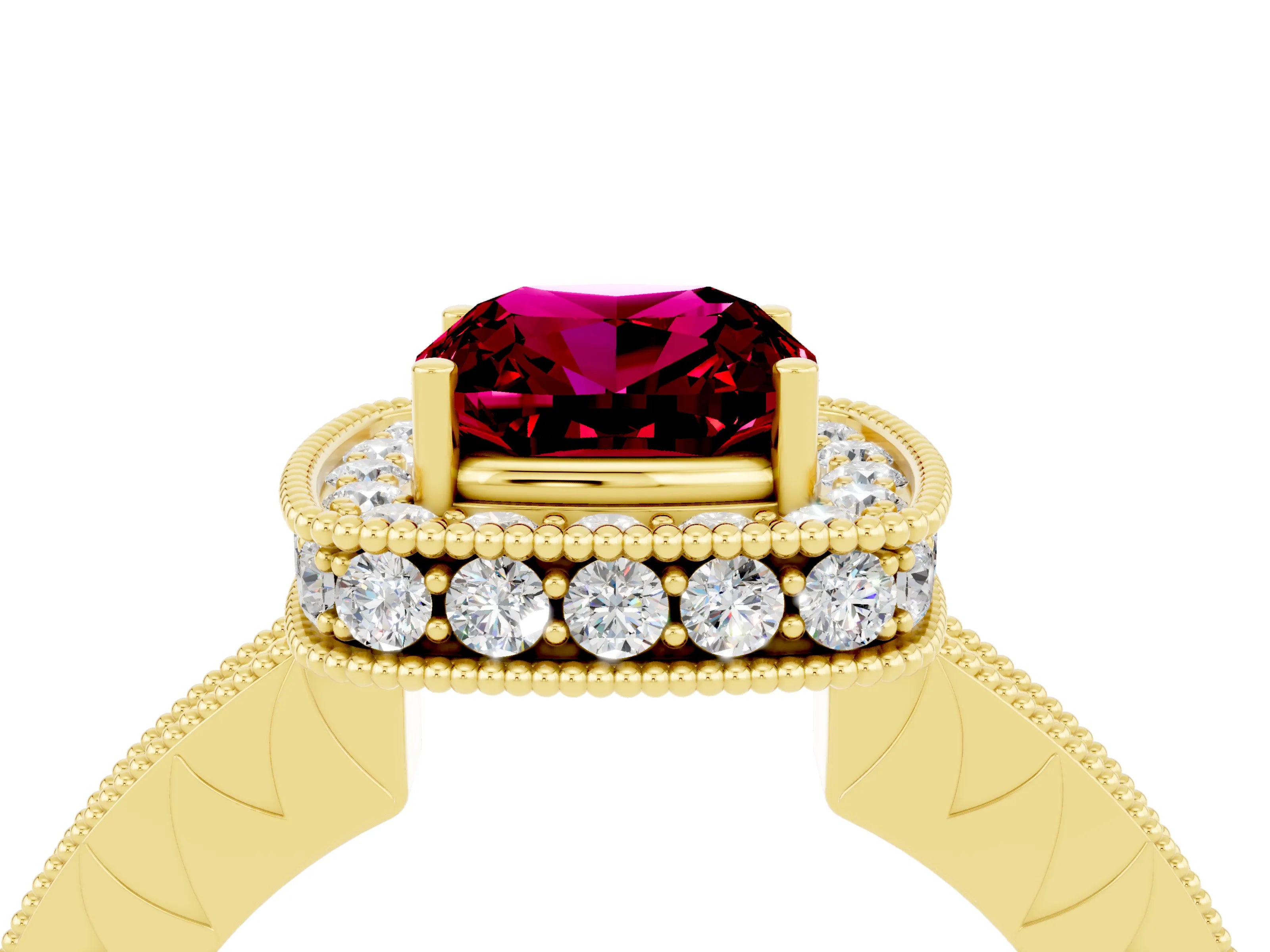 Yellow gold Cushion Cut Halo Diamond Engagement Ring with Milgrain Pave Band and Four-Prong Setting_4