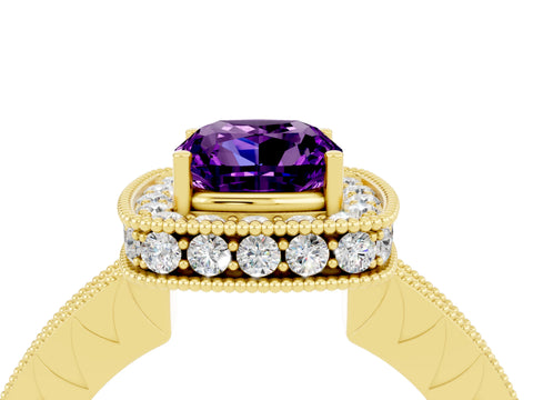 Yellow gold Cushion Cut Halo Diamond Engagement Ring with Milgrain Pave Band and Four-Prong Setting_4