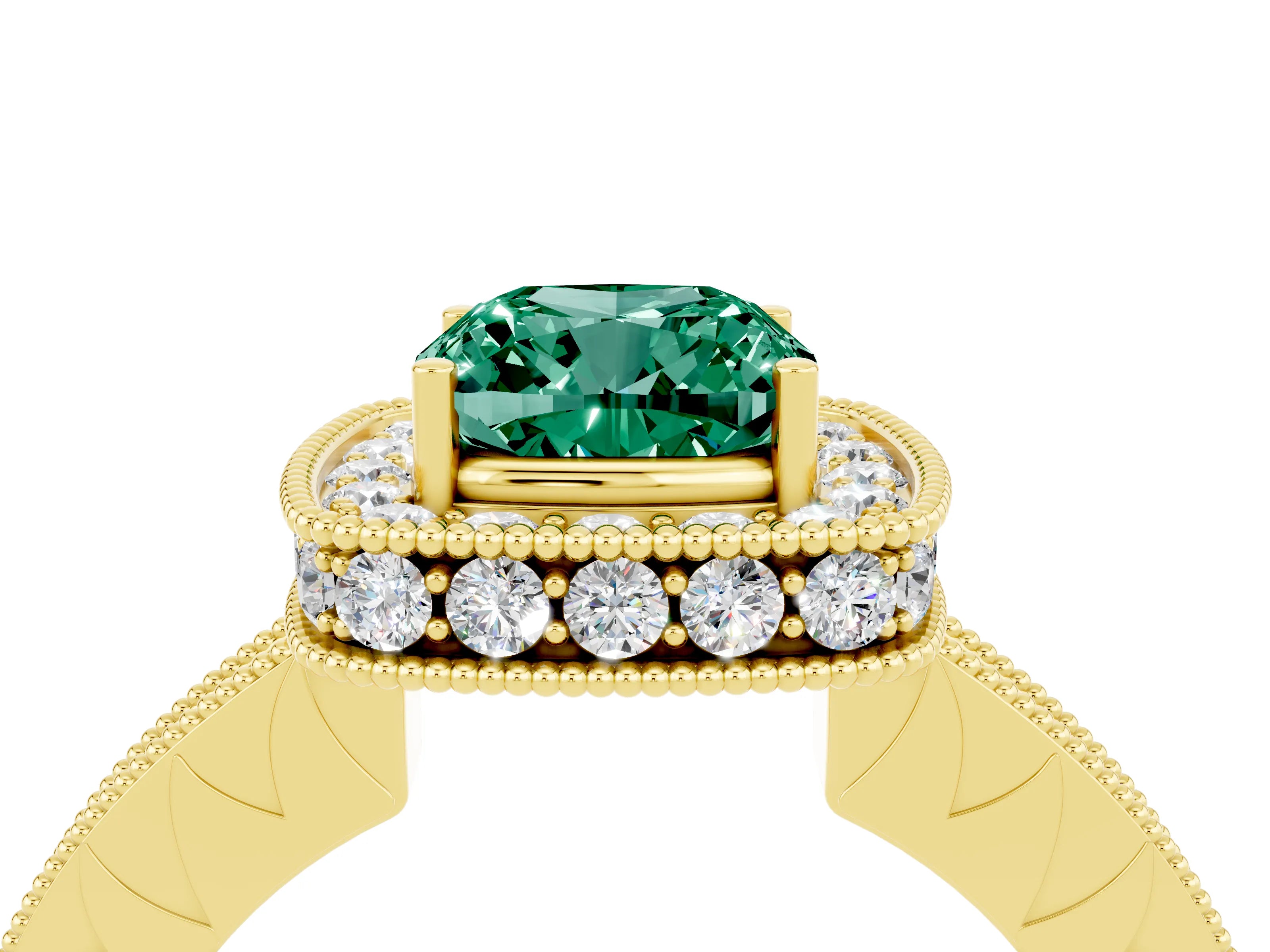 Yellow gold Cushion Cut Halo Diamond Engagement Ring with Milgrain Pave Band and Four-Prong Setting_4