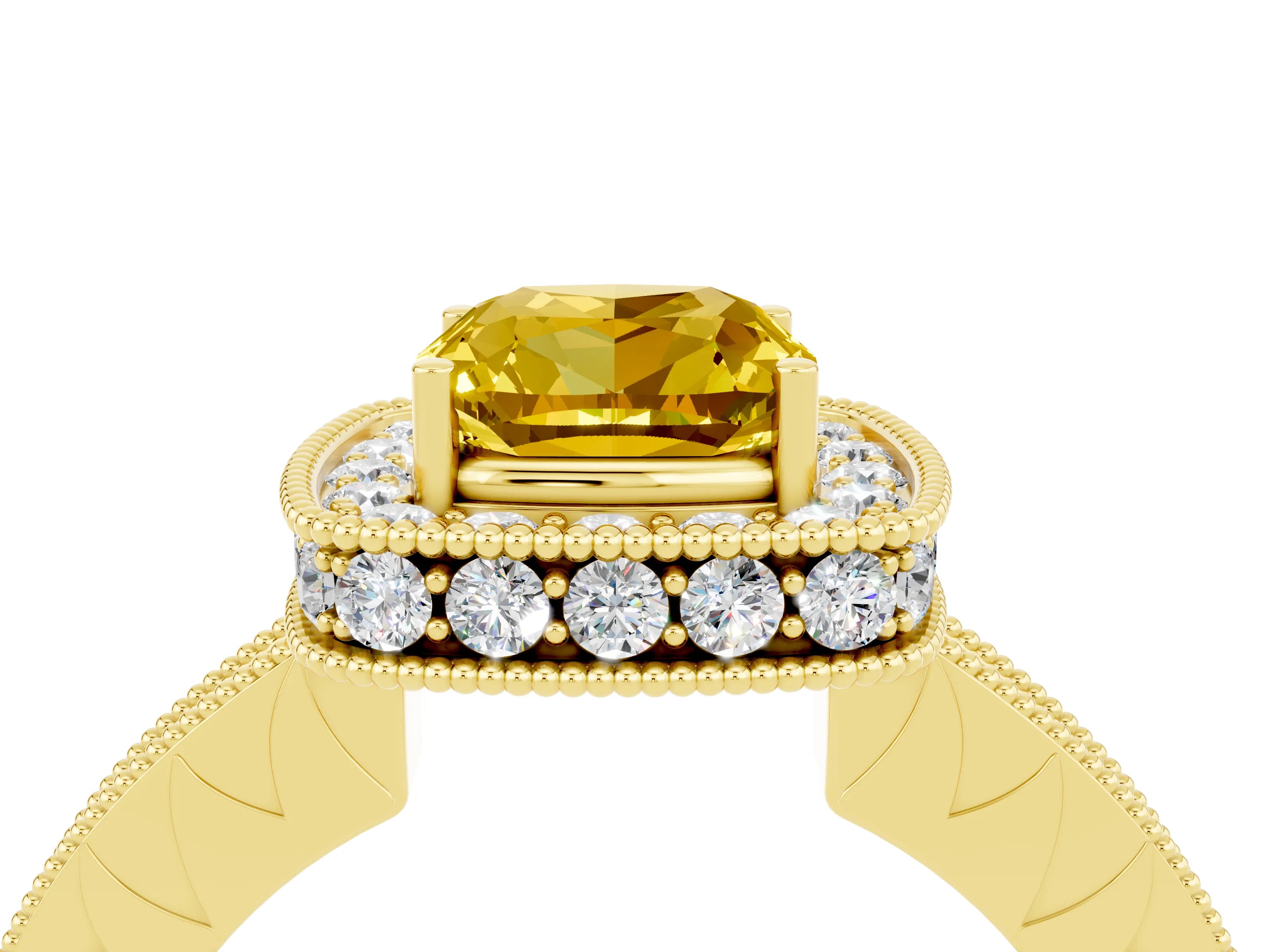 Yellow gold Cushion Cut Halo Diamond Engagement Ring with Milgrain Pave Band and Four-Prong Setting_4