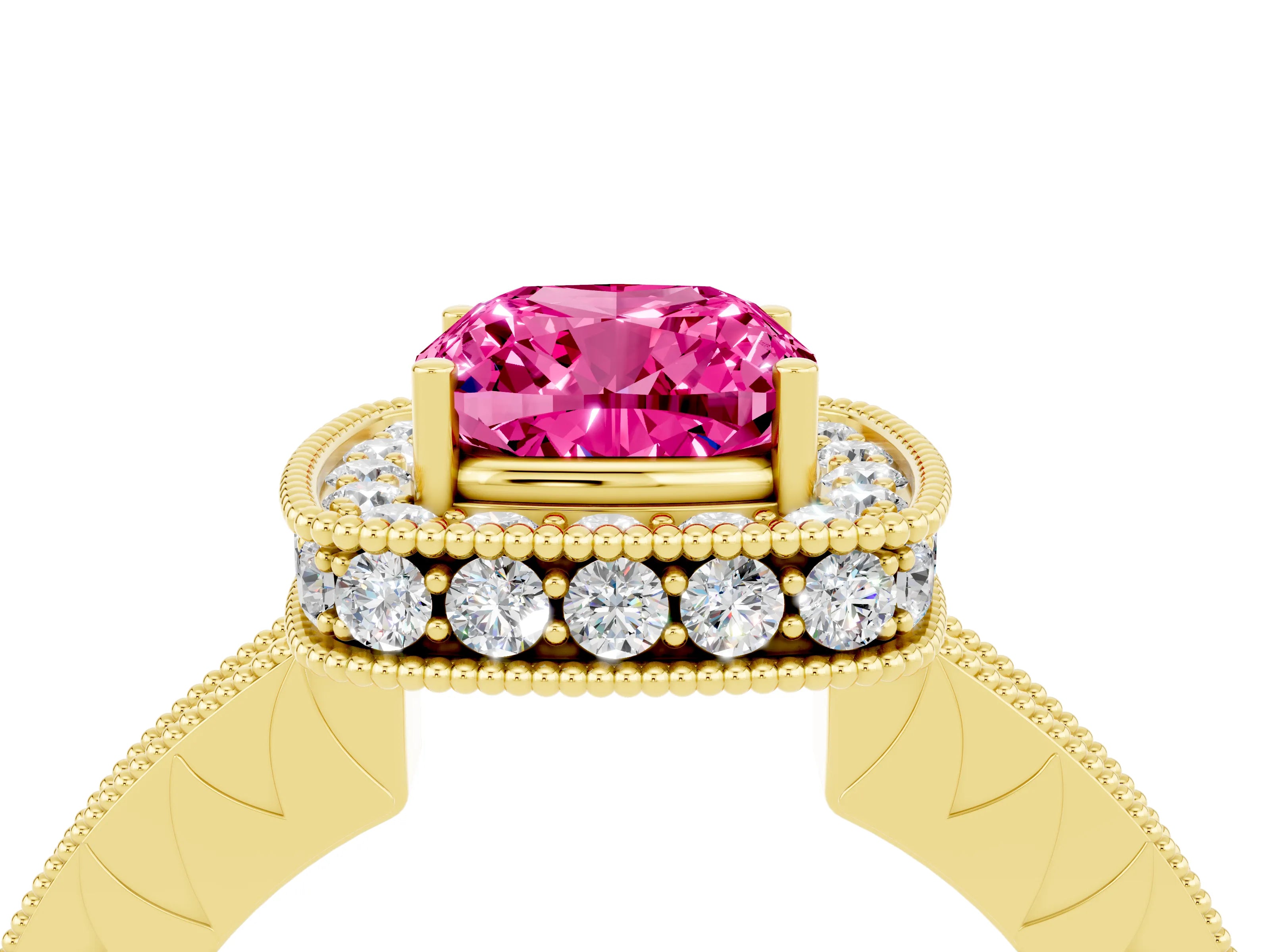 Yellow gold Cushion Cut Halo Diamond Engagement Ring with Milgrain Pave Band and Four-Prong Setting_4