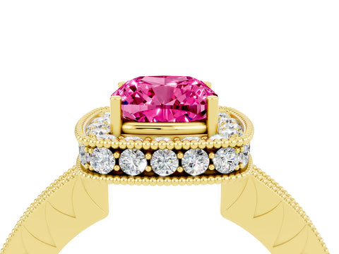 Yellow gold Cushion Cut Halo Diamond Engagement Ring with Milgrain Pave Band and Four-Prong Setting_4