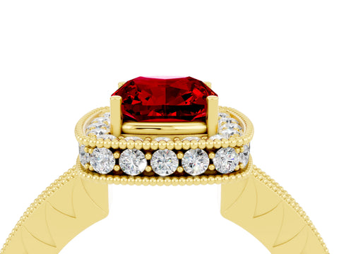Yellow gold Cushion Cut Halo Diamond Engagement Ring with Milgrain Pave Band and Four-Prong Setting_4