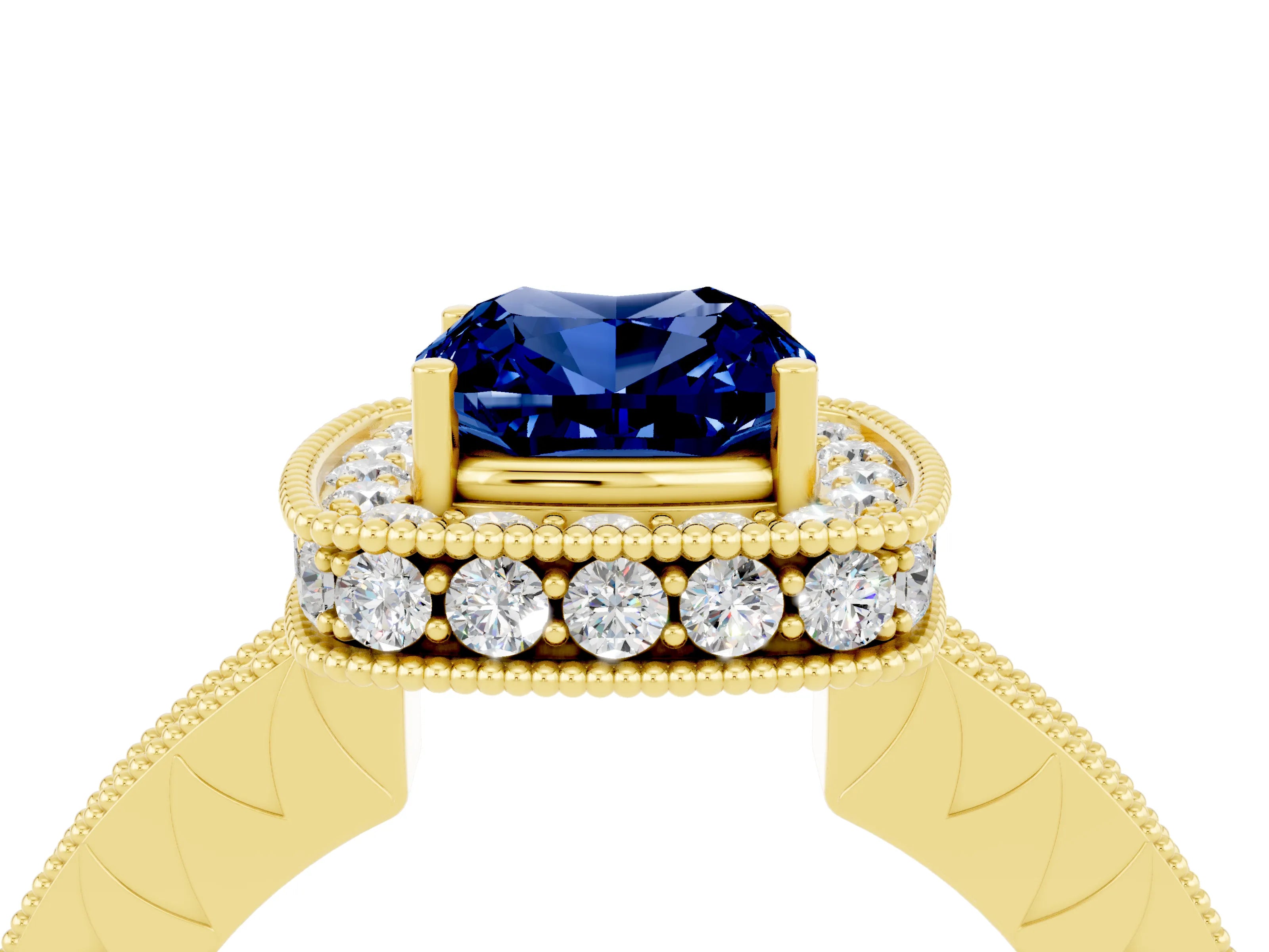 Yellow gold Cushion Cut Halo Diamond Engagement Ring with Milgrain Pave Band and Four-Prong Setting_4