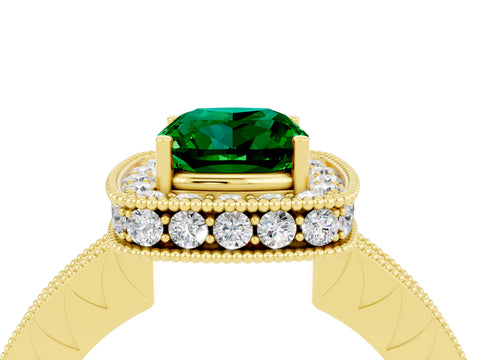 Yellow gold Cushion Cut Halo Diamond Engagement Ring with Milgrain Pave Band and Four-Prong Setting_4