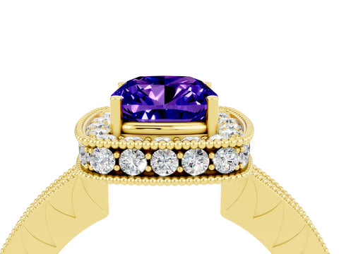 Yellow gold Cushion Cut Halo Diamond Engagement Ring with Milgrain Pave Band and Four-Prong Setting_4