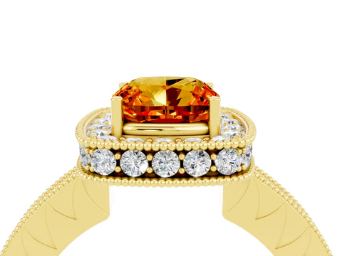Yellow gold Cushion Cut Halo Diamond Engagement Ring with Milgrain Pave Band and Four-Prong Setting_4