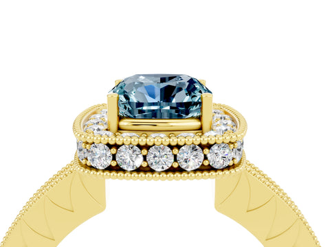 Yellow gold Cushion Cut Halo Diamond Engagement Ring with Milgrain Pave Band and Four-Prong Setting_4