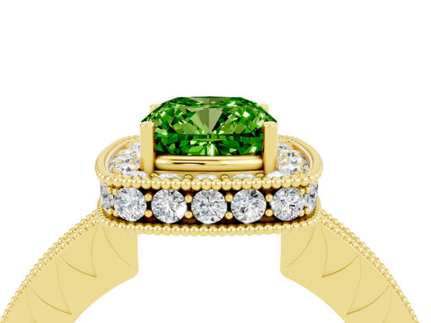 Yellow gold Cushion Cut Halo Diamond Engagement Ring with Milgrain Pave Band and Four-Prong Setting_4