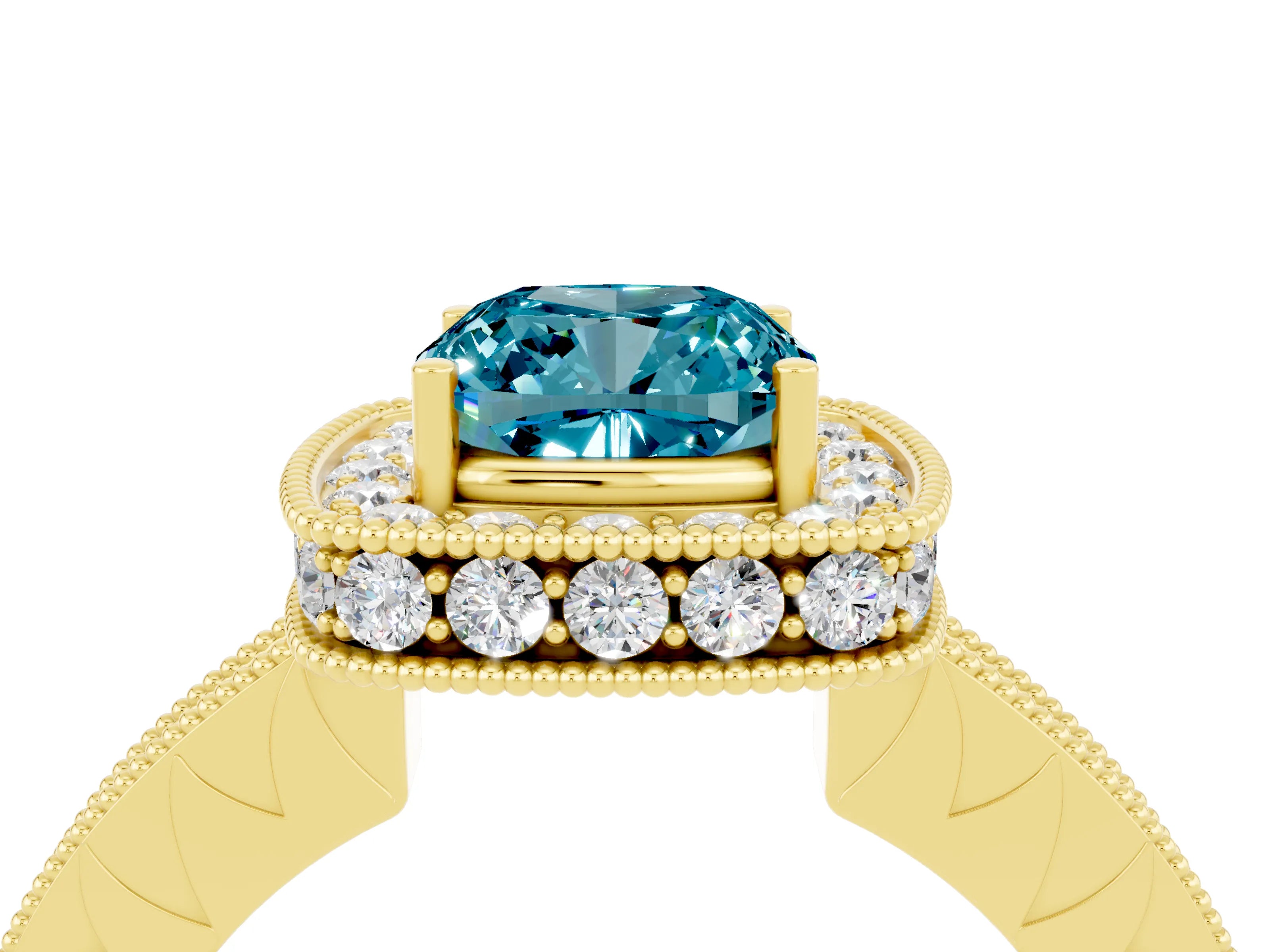 Yellow gold Cushion Cut Halo Diamond Engagement Ring with Milgrain Pave Band and Four-Prong Setting_4
