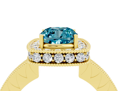 Yellow gold Cushion Cut Halo Diamond Engagement Ring with Milgrain Pave Band and Four-Prong Setting_4