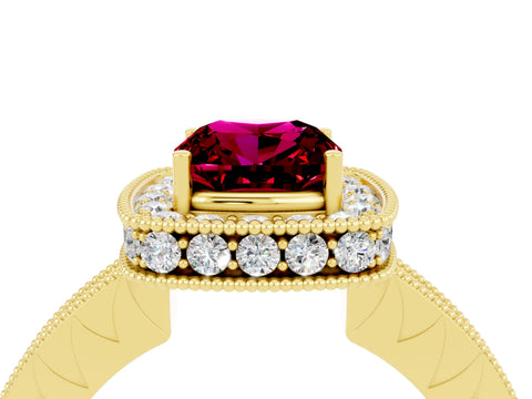 Yellow gold Cushion Cut Halo Diamond Engagement Ring with Milgrain Pave Band and Four-Prong Setting_4