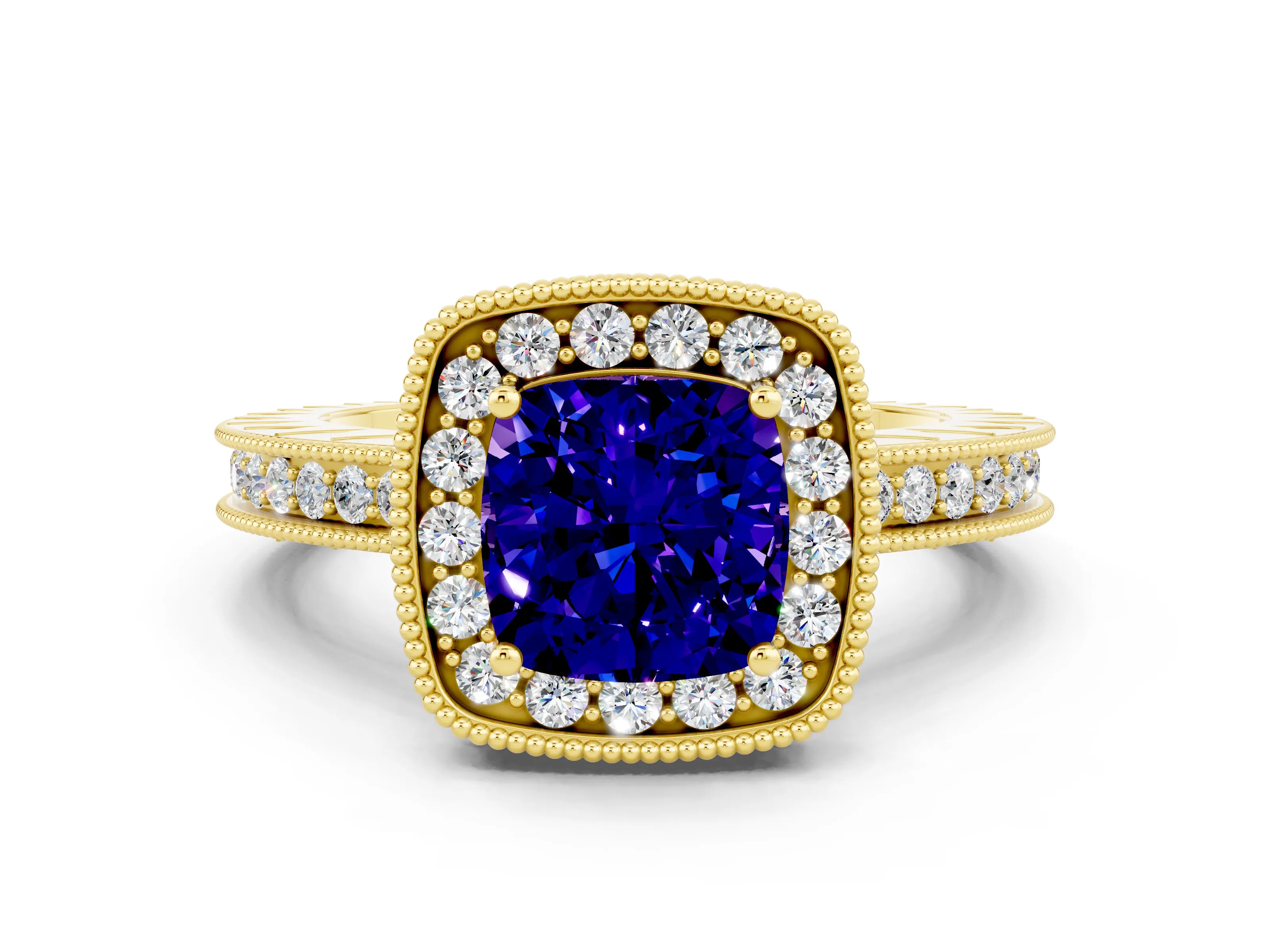 Yellow gold Cushion Cut Halo Diamond Engagement Ring with Milgrain Pave Band and Four-Prong Setting