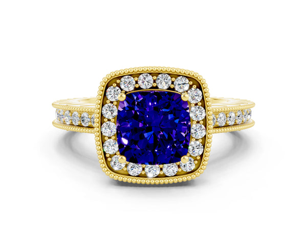 Yellow gold Cushion Cut Halo Diamond Engagement Ring with Milgrain Pave Band and Four-Prong Setting