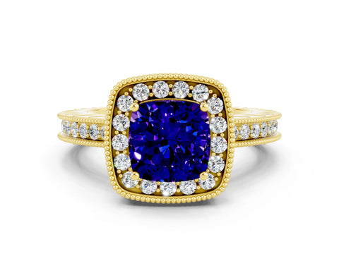 Yellow gold Cushion Cut Halo Diamond Engagement Ring with Milgrain Pave Band and Four-Prong Setting