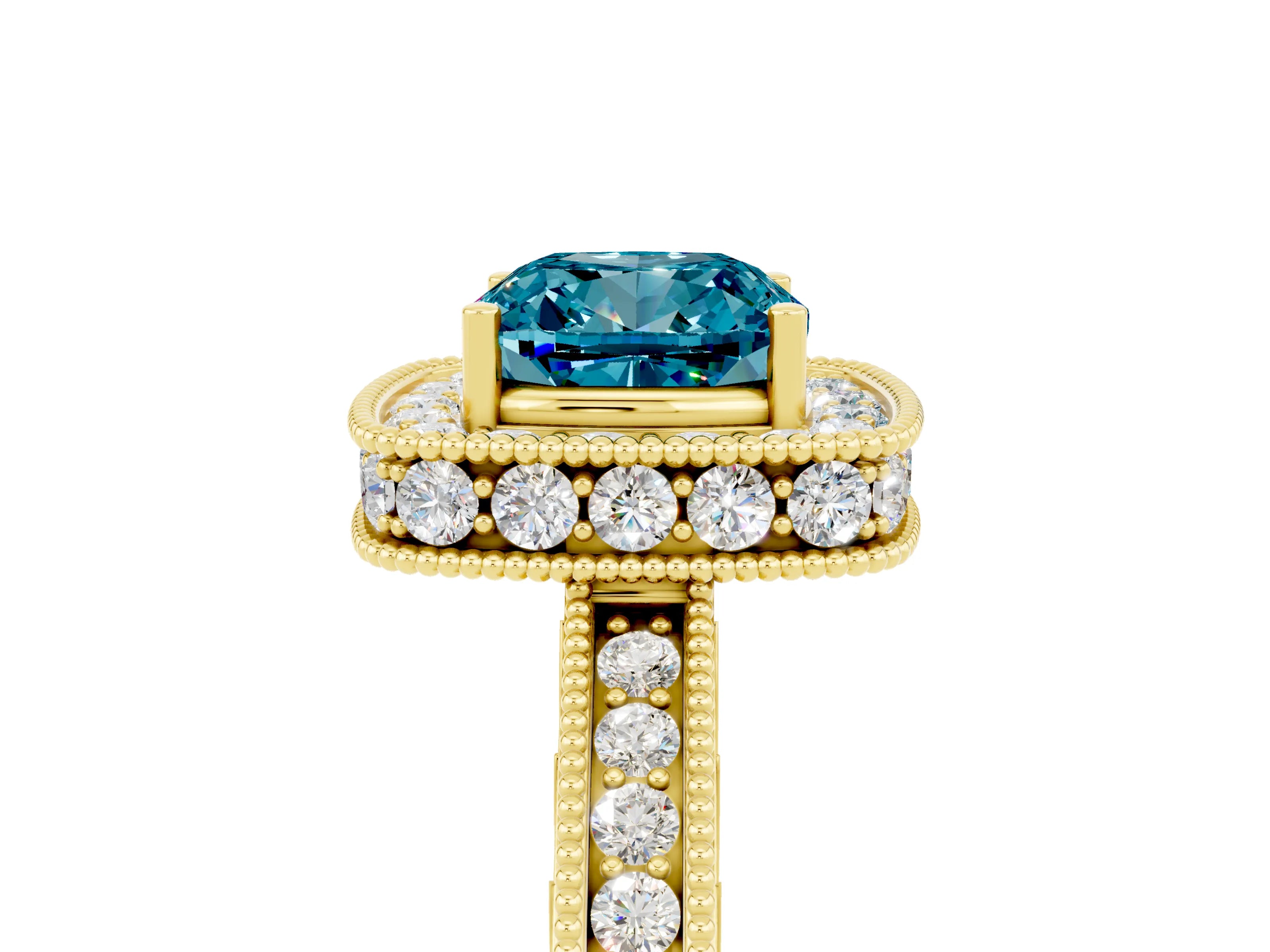 Yellow gold Cushion Cut Halo Diamond Engagement Ring with Milgrain Pave Band and Four-Prong Setting_5