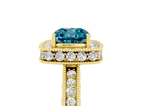 Yellow gold Cushion Cut Halo Diamond Engagement Ring with Milgrain Pave Band and Four-Prong Setting_5