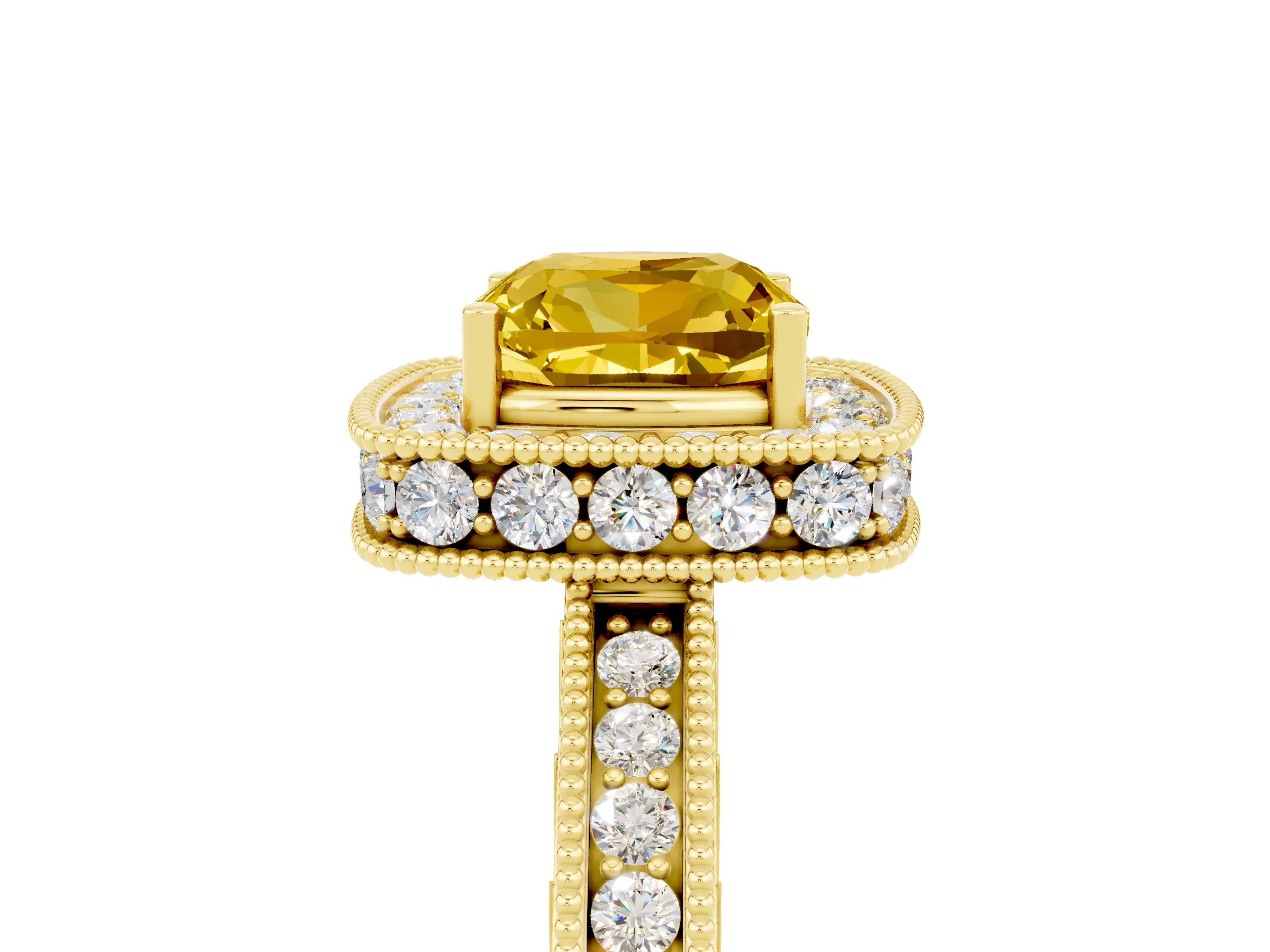 Yellow gold Cushion Cut Halo Diamond Engagement Ring with Milgrain Pave Band and Four-Prong Setting_5