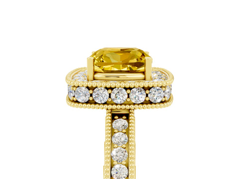 Yellow gold Cushion Cut Halo Diamond Engagement Ring with Milgrain Pave Band and Four-Prong Setting_5