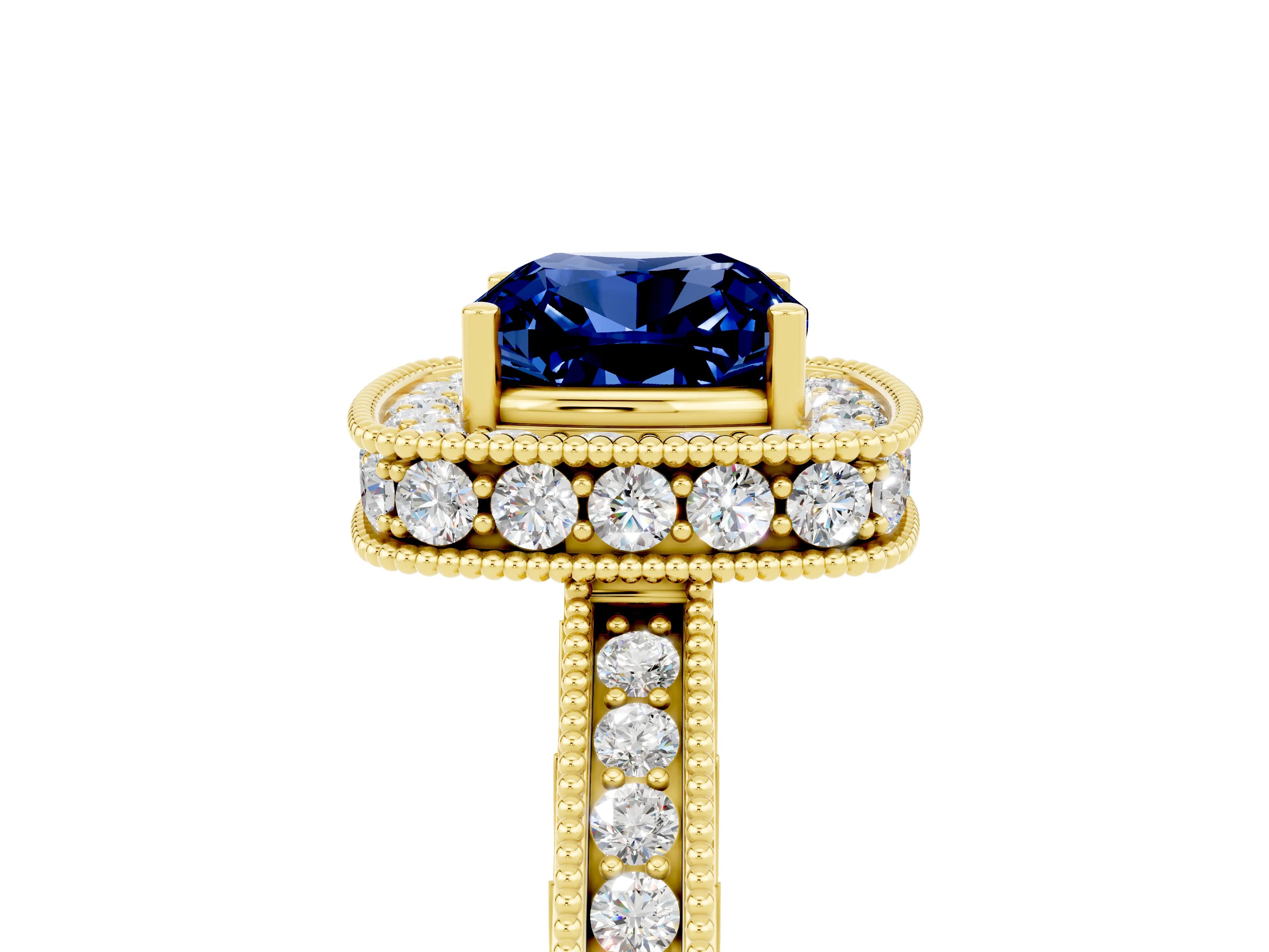 Yellow gold Cushion Cut Halo Diamond Engagement Ring with Milgrain Pave Band and Four-Prong Setting_5