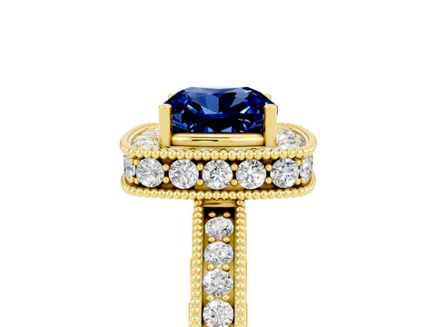 Yellow gold Cushion Cut Halo Diamond Engagement Ring with Milgrain Pave Band and Four-Prong Setting_5