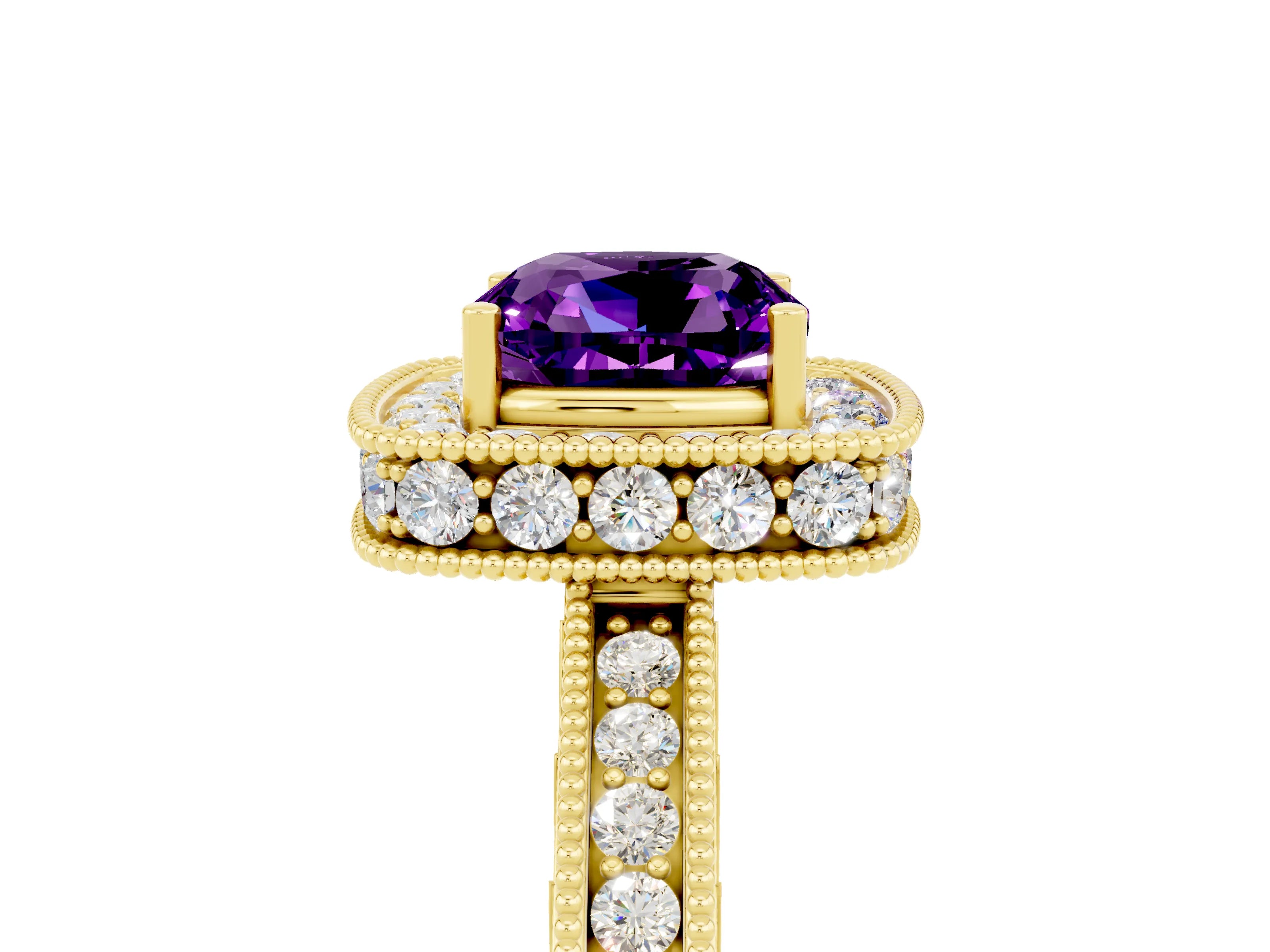 Yellow gold Cushion Cut Halo Diamond Engagement Ring with Milgrain Pave Band and Four-Prong Setting_5