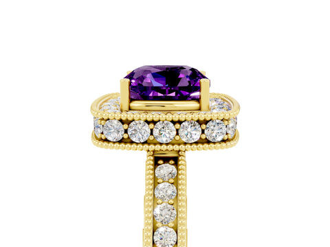 Yellow gold Cushion Cut Halo Diamond Engagement Ring with Milgrain Pave Band and Four-Prong Setting_5