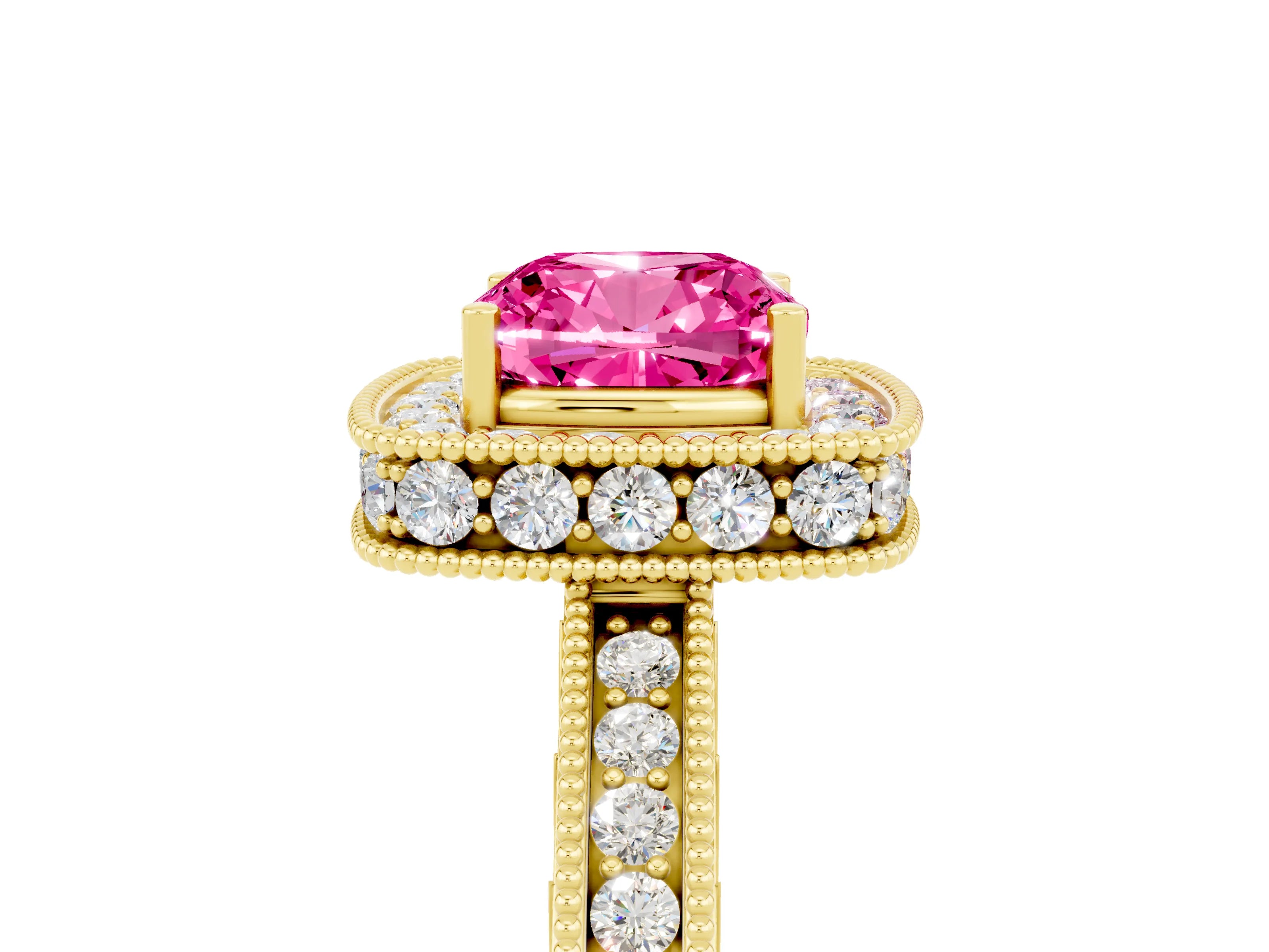 Yellow gold Cushion Cut Halo Diamond Engagement Ring with Milgrain Pave Band and Four-Prong Setting_5