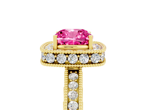 Yellow gold Cushion Cut Halo Diamond Engagement Ring with Milgrain Pave Band and Four-Prong Setting_5