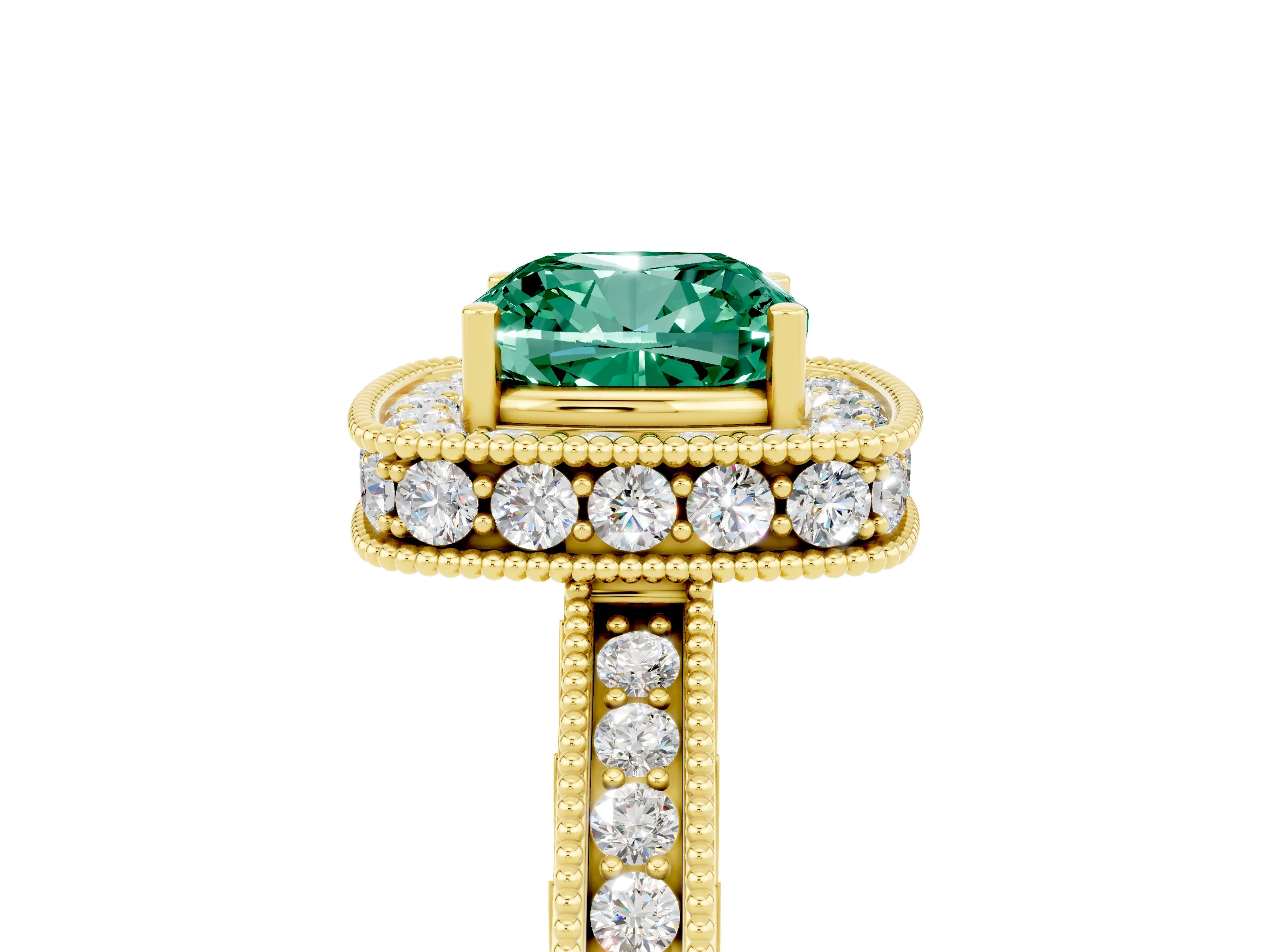 Yellow gold Cushion Cut Halo Diamond Engagement Ring with Milgrain Pave Band and Four-Prong Setting_5