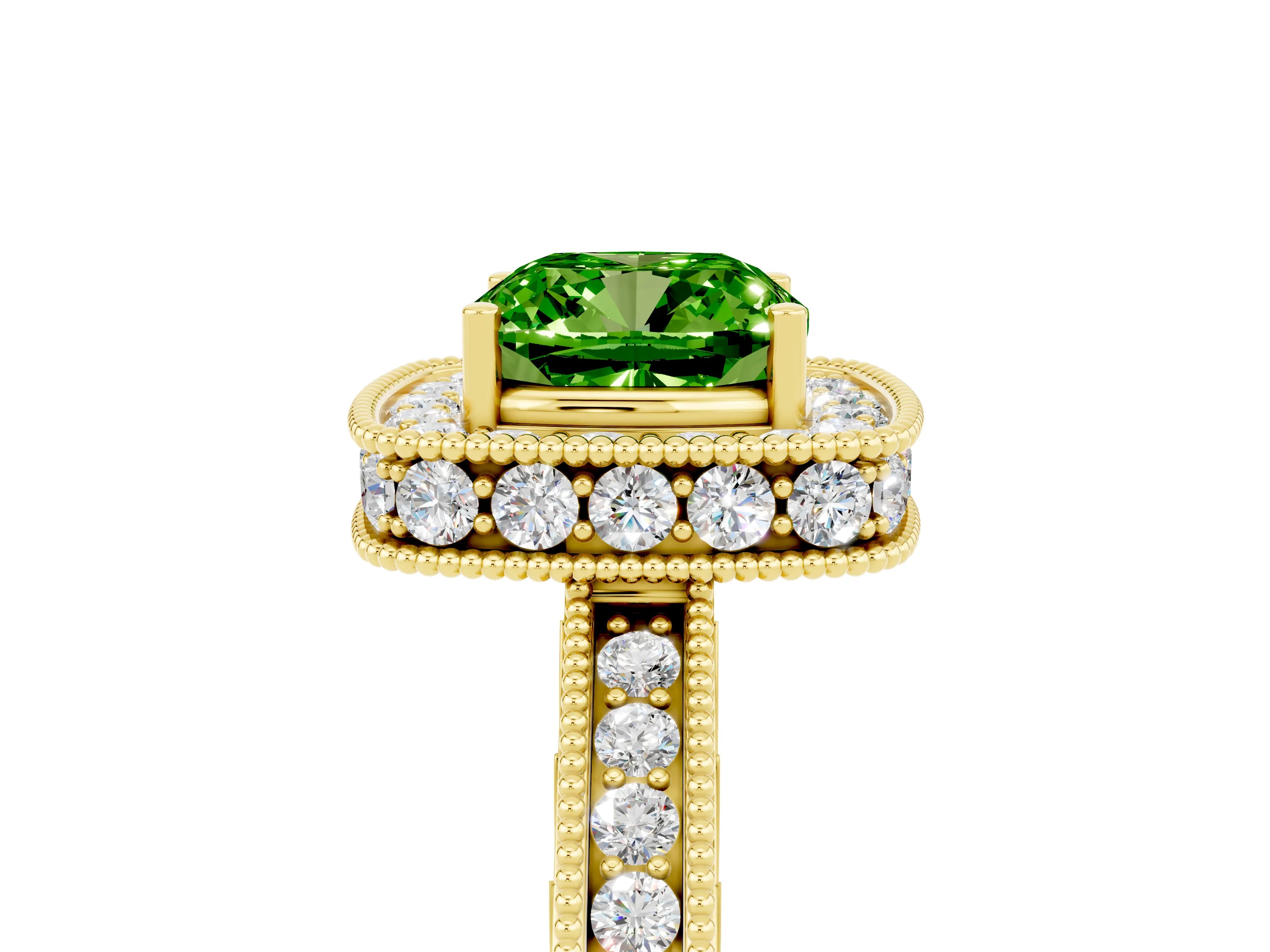 Yellow gold Cushion Cut Halo Diamond Engagement Ring with Milgrain Pave Band and Four-Prong Setting_5