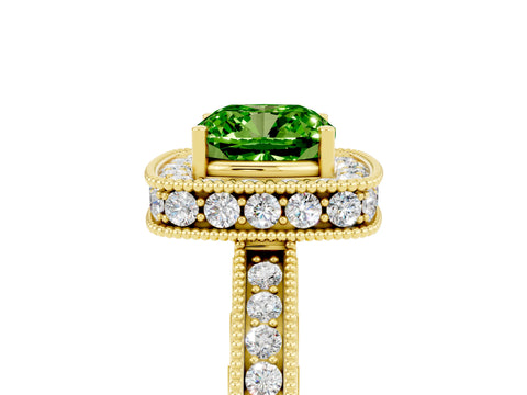 Yellow gold Cushion Cut Halo Diamond Engagement Ring with Milgrain Pave Band and Four-Prong Setting_5