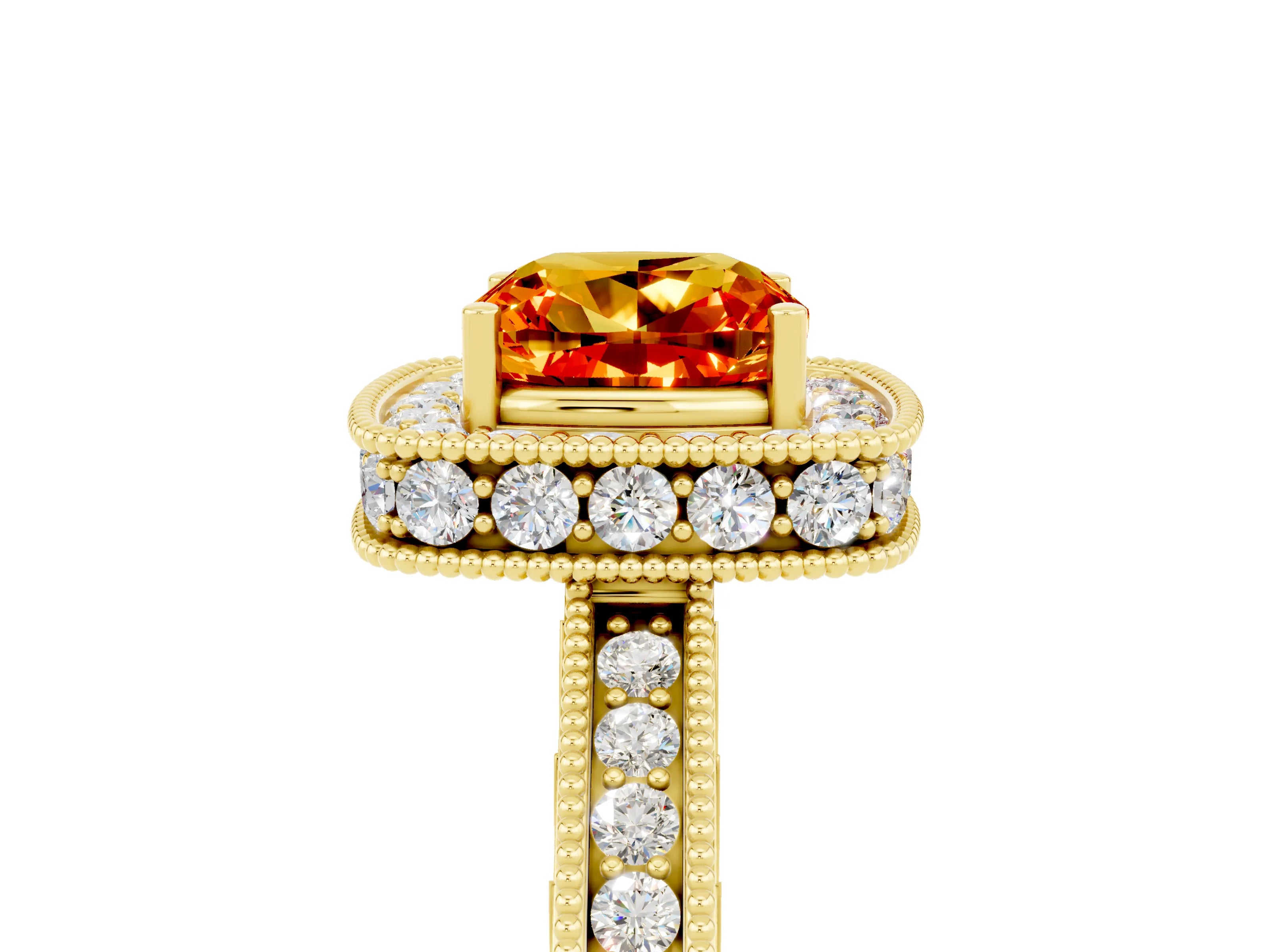 Yellow gold Cushion Cut Halo Diamond Engagement Ring with Milgrain Pave Band and Four-Prong Setting_5