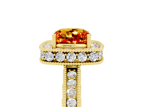 Yellow gold Cushion Cut Halo Diamond Engagement Ring with Milgrain Pave Band and Four-Prong Setting_5