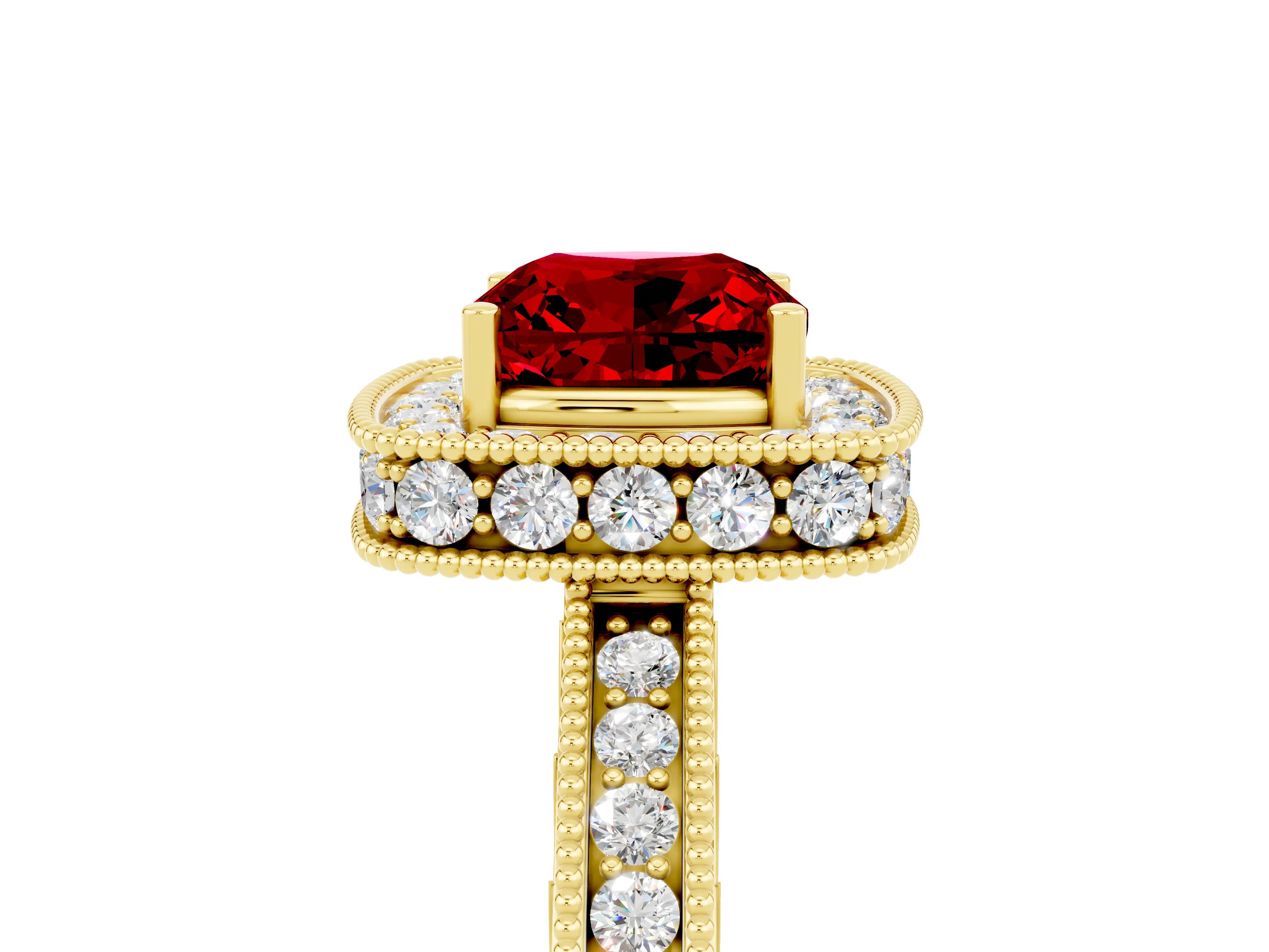 Yellow gold Cushion Cut Halo Diamond Engagement Ring with Milgrain Pave Band and Four-Prong Setting_5