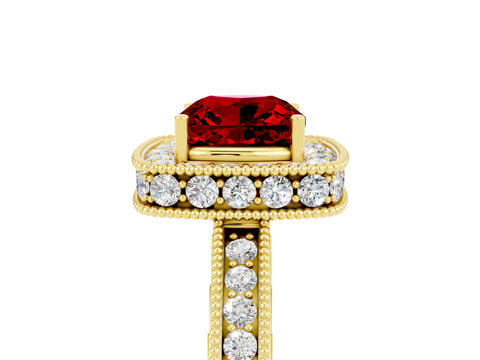 Yellow gold Cushion Cut Halo Diamond Engagement Ring with Milgrain Pave Band and Four-Prong Setting_5