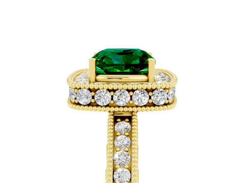 Yellow gold Cushion Cut Halo Diamond Engagement Ring with Milgrain Pave Band and Four-Prong Setting_5
