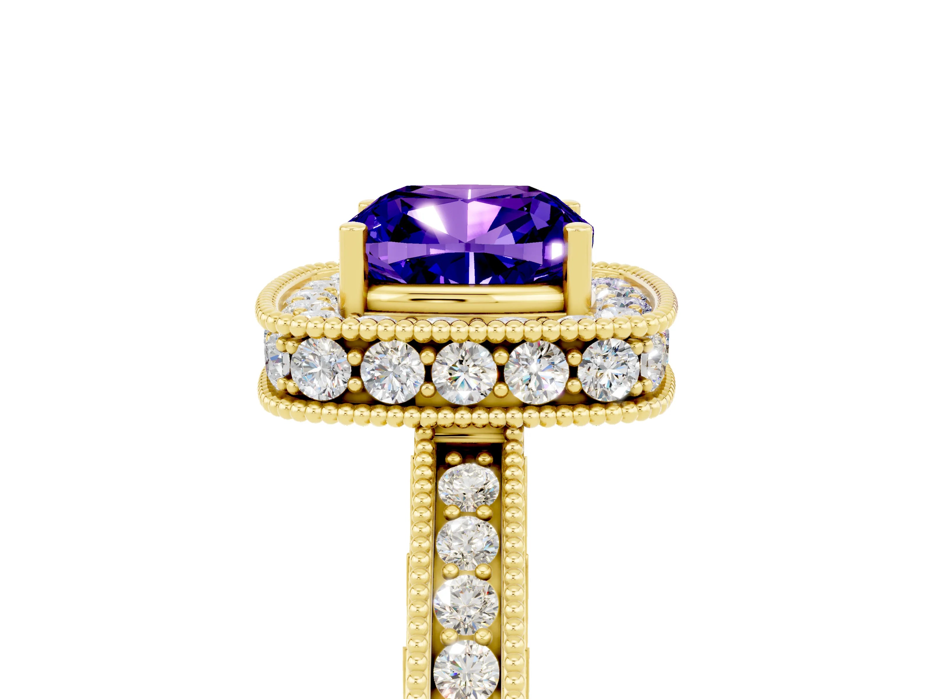Yellow gold Cushion Cut Halo Diamond Engagement Ring with Milgrain Pave Band and Four-Prong Setting_5