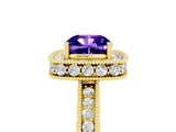 Yellow gold Cushion Cut Halo Diamond Engagement Ring with Milgrain Pave Band and Four-Prong Setting_5