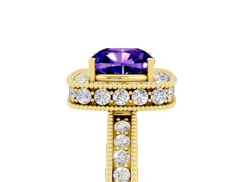 Yellow gold Cushion Cut Halo Diamond Engagement Ring with Milgrain Pave Band and Four-Prong Setting_5