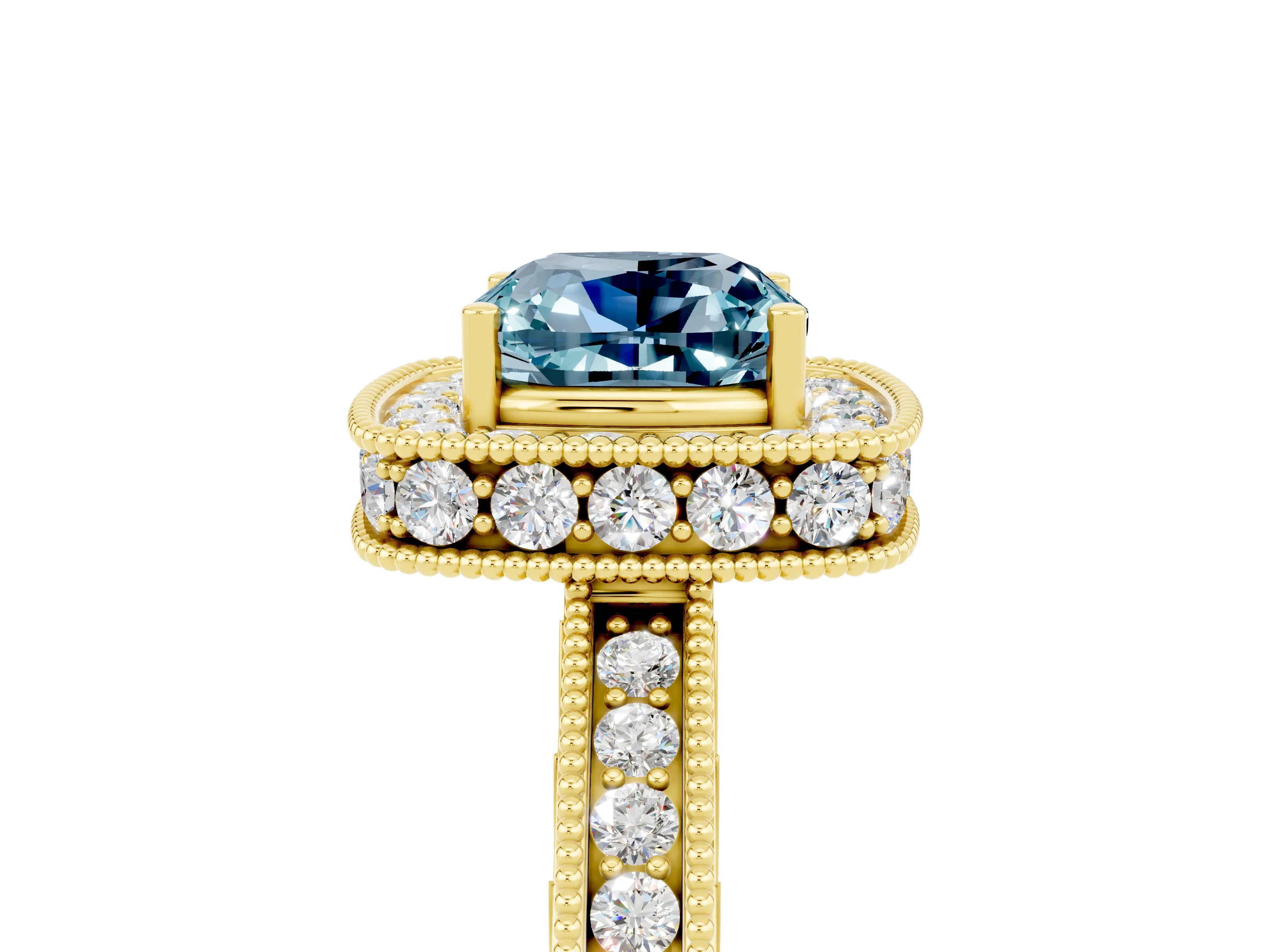 Yellow gold Cushion Cut Halo Diamond Engagement Ring with Milgrain Pave Band and Four-Prong Setting_5